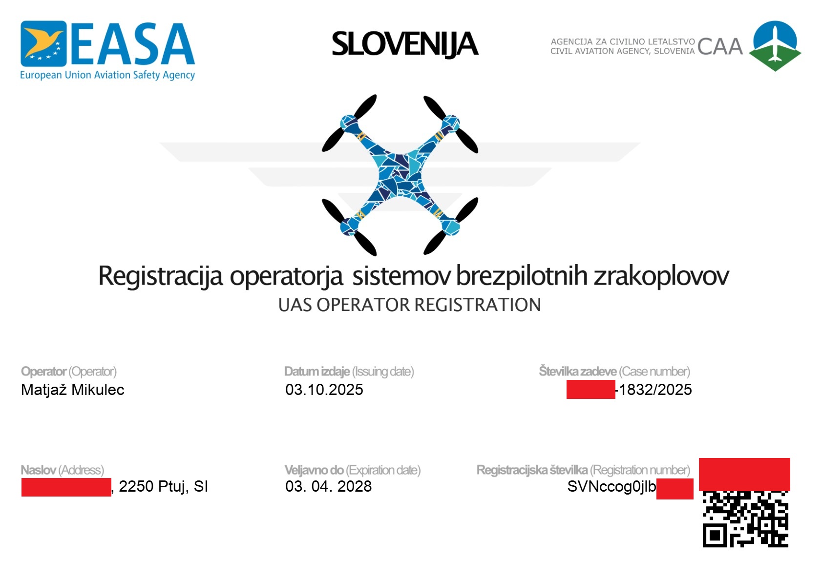 Potrdilo o registraciji operatorja